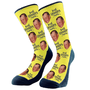 Custom socks with 'Best Grandpa Ever' text and a photo of Grandpa's face, printed on soft, colorful fabric.