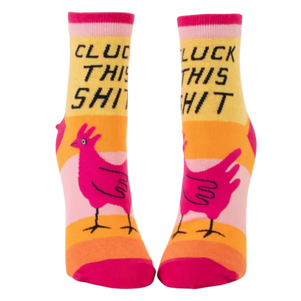 Bright horizontal wide stipes with a pink rooster on the front part with writing "cluck this shit" on ankle socks