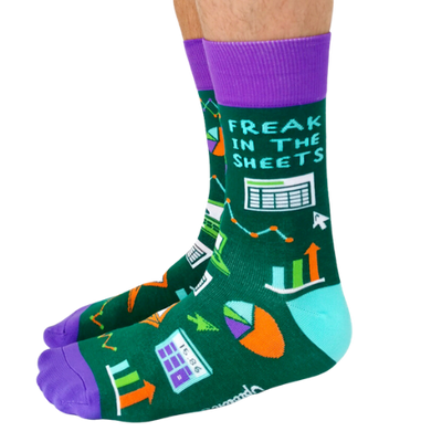 Calculators, spread sheets and graphs are all over these socks with a green background and purple toes and top elastic on the socks. 