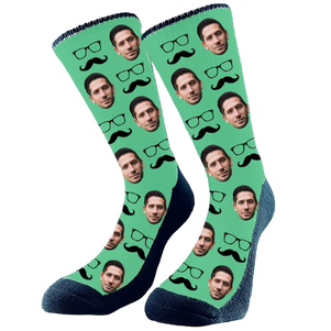 Moustache and glasses in a pattern and we add your favorite face to the custom socks. Customize and make just how you like!