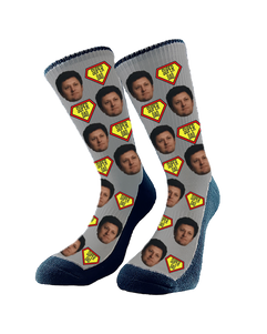 Custom "Super Dad" socks featuring cartoon superhero graphics and personalized with dad’s face — a fun and thoughtful Father’s Day gift.