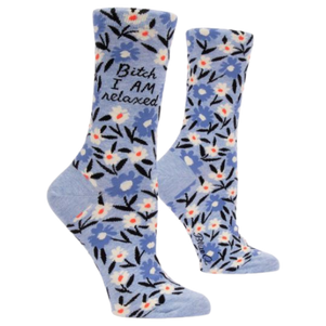 Bitch I Am Relaxed - Sock Bar. Blue background with flower pattern. Writing on socks says "Bitch I AM relaxed" Order with free shipping through The Sock Bar 