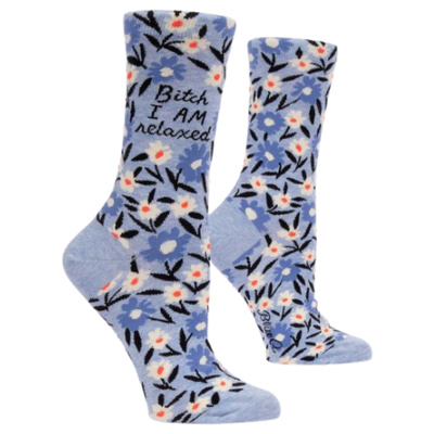 Bitch I Am Relaxed - Sock Bar. Blue background with flower pattern. Writing on socks says "Bitch I AM relaxed" Order with free shipping through The Sock Bar 