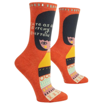 CUTE AS A BITCHY BUTTON W-CREW SOCKS.  Yes, that's bitchy in a good way. Women's shoe size 5-10. 50% combed cotton; 47% nylon; 3% spandex.