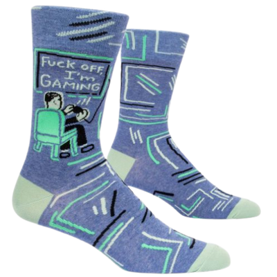 FUCK OFF, I'M GAMING M-CREW SOCKS. My body has melted into my chair, my vision is blurred, I haven't peed in hours and I feel GREAT. Men's shoe size 7-12. 51% combed cotton; 46% nylon; 3% spandex.