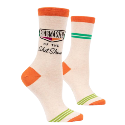 Every day you deal with clowns, tame lions, and jump through hoops. Give your feet the attention they deserve with our selection of playful socks with a little bit of an attitude.  The Sock Bar RINGMASTER OF THE OF ShitShow socks THE Incredible socks, amazing socks, funny socks! www.sockbar.ca. 61% combed cotton / 36% nylon / 3% spandex. Men's crew sock. Womens crew socks