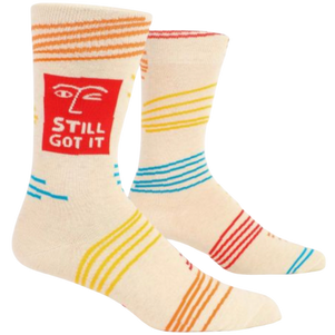 STILL GOT IT M-CREW SOCKS. Here I am, still having it. Never lost it, not once, and not ever gonna. Men's shoe size 7-12. 50% nylon; 47% combed cotton; 3% spandex.
