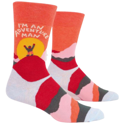 I'M AN ADVENTURE MAN M-CREW SOCKS.  Everything's better with just a pinch of altitude sickness. Men's shoe size 7-12. 71% combed cotton; 27% nylon; 2% spandex.