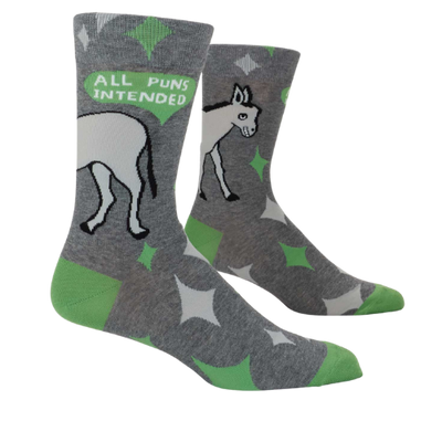 A pair of colorful Blue Q socks with the phrase 'All Puns Intended' and playful graphics, designed for pun enthusiasts and witty sock lovers.