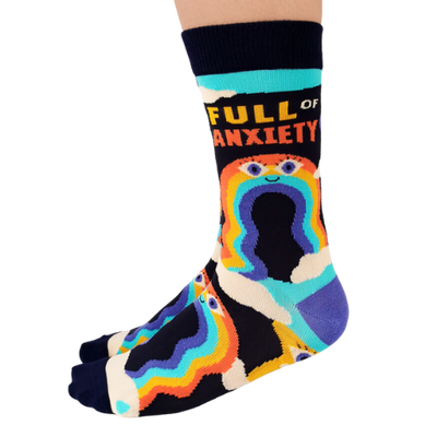 Fun rainbows with faces. Print on Socks: "Full of Anxiety"