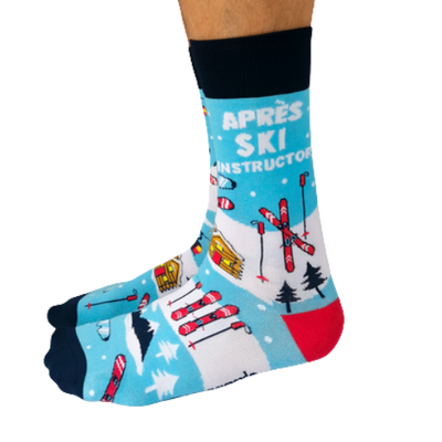 Winter socks with skis, mountains and cabins add winter fashion to any outfit.