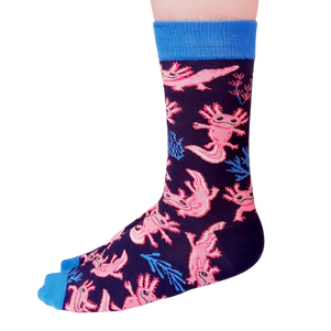 Vibrant Axolotl Socks by Uptown Sox with a playful axolotl design in bright colors, perfect for animal lovers and those seeking unique, fun socks.