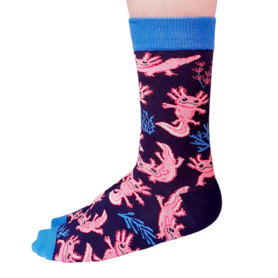 Vibrant Axolotl Socks by Uptown Sox with a playful axolotl design in bright colors, perfect for animal lovers and those seeking unique, fun socks.