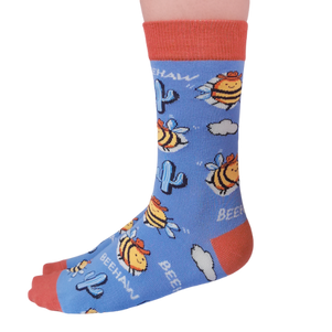 Custom 'Bee-Haw' socks featuring a playful bee and cowboy hat design, perfect for adding a buzz to your sock collection.