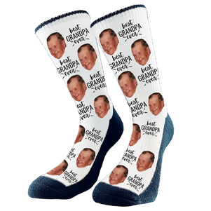 Custom socks with 'Best Grandpa Ever' text and a photo of Grandpa's face, printed on soft, colorful fabric.