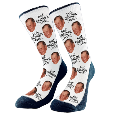 Custom socks with 'Best Grandpa Ever' text and a photo of Grandpa's face, printed on soft, colorful fabric.