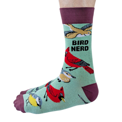 Bird Nerd men’s socks – novelty socks with colorful bird illustrations and fun text