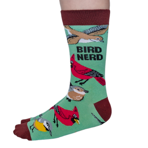 Sock with bird design and 'Bird Nerd' text on a green background