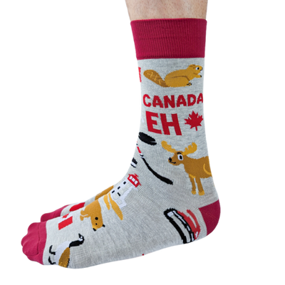 Canada Eh men’s socks – fun Canadian-themed socks with maple leaf and ‘Eh’ text
