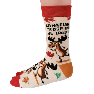Cozy Canadian Moose Socks by Uptown Sox featuring a bold moose design and vibrant colors, perfect for outdoor lovers and Canadian enthusiasts.