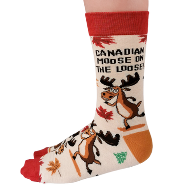 Cozy Canadian Moose Socks by Uptown Sox featuring a bold moose design and vibrant colors, perfect for outdoor lovers and Canadian enthusiasts.