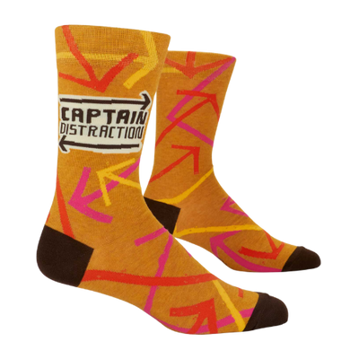 A colorful pair of Blue Q socks featuring the phrase 'Captain Distraction' with fun superhero-style graphics, perfect for easily distracted but lovable personalities.