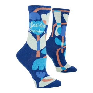 Women’s crew socks featuring the phrase ‘Cool-Ass Grandma’ in a fun, colorful design.