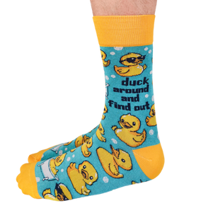 Duck Around men’s socks featuring a fun and playful duck design, perfect for adding a quirky touch to your sock collection.