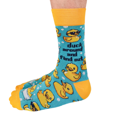 Duck Around men’s socks featuring a fun and playful duck design, perfect for adding a quirky touch to your sock collection.