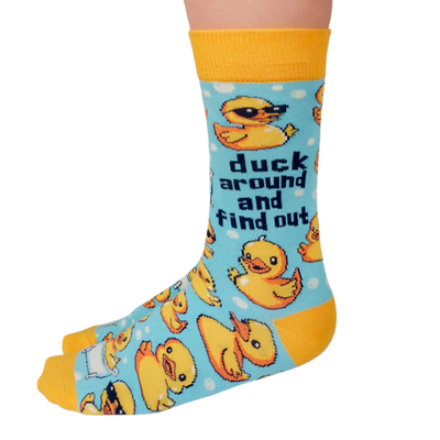 Custom 'Duck Around' socks featuring a playful duck design, perfect for adding some fun to your sock collection.