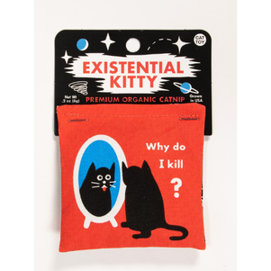 Existential Kitty Catnip Toy – a small catnip-filled toy shaped like a thoughtful kitty, perfect for cats to play with and nibble.