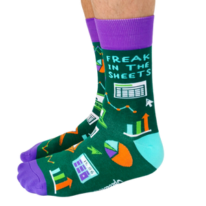 Calculators, spread sheets and graphs are all over these socks with a green background and purple toes and top elastic on the socks. 