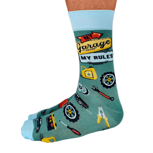 Garage Guru Men's Socks. My garage rules writing with garage tools and items in a pattern. 