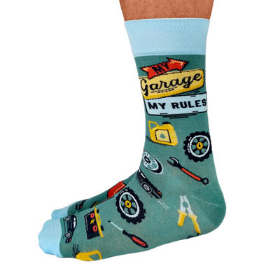 Garage Guru Men's Socks. My garage rules writing with garage tools and items in a pattern. 