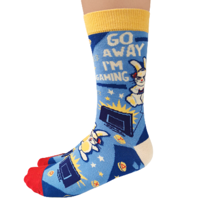 Gamer Crew Socks, writing "Go Away I'm Gaming". Bunny playing video games with blue back ground