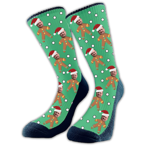 Custom Face Socks featuring Gingerbread and snowballs. Add you face to these fun socks that you personalize. 
