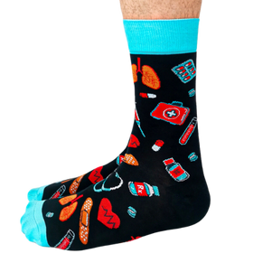 Heath care workers love these medical supplies in an all over pattern men's socks.