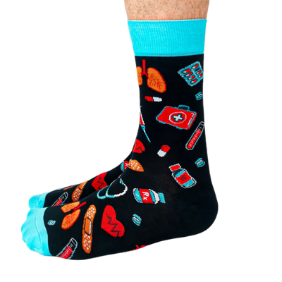 Heath care workers love these medical supplies in an all over pattern men's socks.