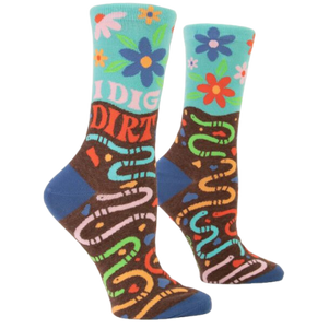 I Dig Dirt Women's Crew Socks. Worm's in dirt with bright colorful flowers. New 2022.