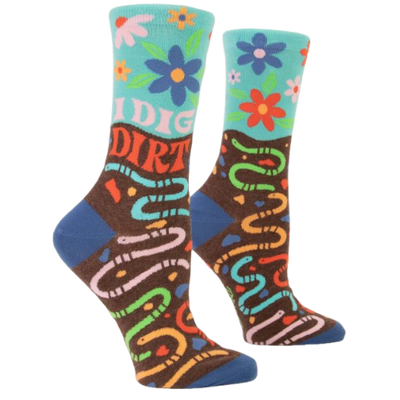 I Dig Dirt Women's Crew Socks. Worm's in dirt with bright colorful flowers. New 2022.