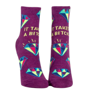 IT TAKES A BITCH ANKLE SOCKS. Purple back ground with diamonds. 