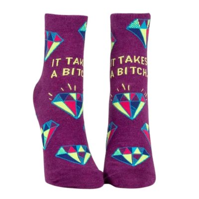 IT TAKES A BITCH ANKLE SOCKS. Purple back ground with diamonds. 