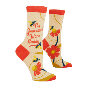 I’m Someone’s Work Buddy women’s crew socks with fun office-themed text.