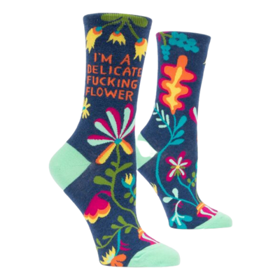 Delicate Fucking Flower - The Sock Bar Novelty Socks The cool thing about these socks - other than the fact that they are pretty and comfy and strong as hell - is that you can put the emphasis wherever you want. Women's shoe size 5-10. 53% nylon; 45% combed cotton; 2% spandex.