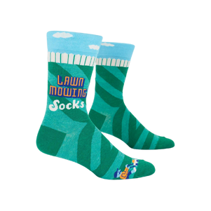 Lawn mowing men’s crew socks featuring a mower graphic and outdoor theme.