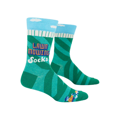 Lawn mowing men’s crew socks featuring a mower graphic and outdoor theme.