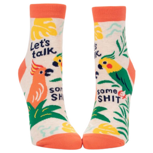 Let's Talk Some Shit NEW Ankle Socks. Bright Parrots with palms with the words "Let's Talk Some Shit"