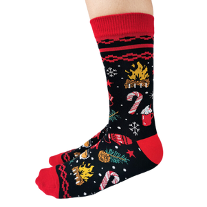 Merry and Bright Women Socks with all things Christmas all over the socks. Red accents with black back ground.