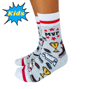 MVP Kids Socks. Trophies, skates, jerseys and MVP written on the top surrounded by red stars