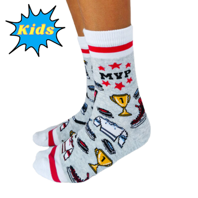 MVP Kids Socks. Trophies, skates, jerseys and MVP written on the top surrounded by red stars